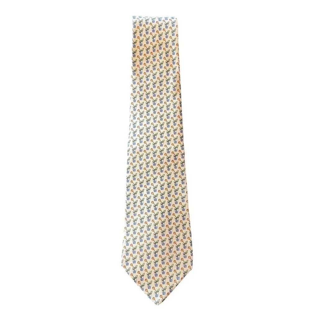 Salvatore Ferragamo Men Silk Tie Yellow Orange Potted Tulip Flower Made in Italy
